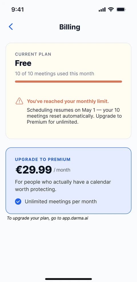 Darma billing — Free plan at its 10-meeting monthly limit, with the upgrade to Premium