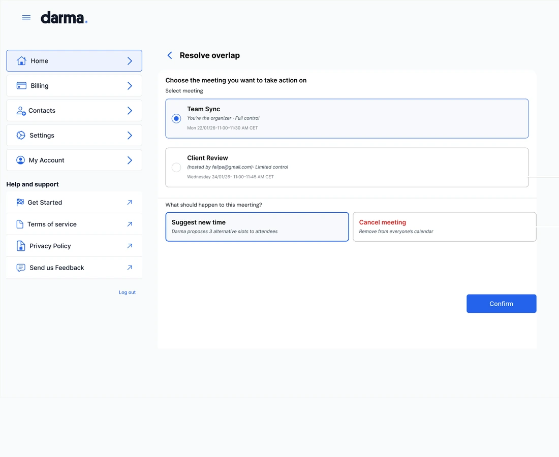 Darma web app — choosing Suggest new time for the Team Sync conflict